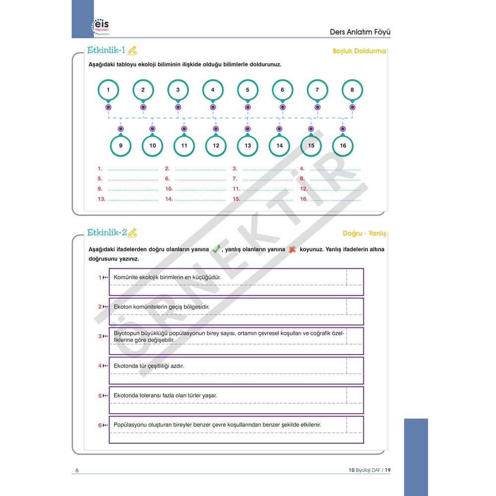 Eis Yayınları 10. Sınıf Biyoloji DAF