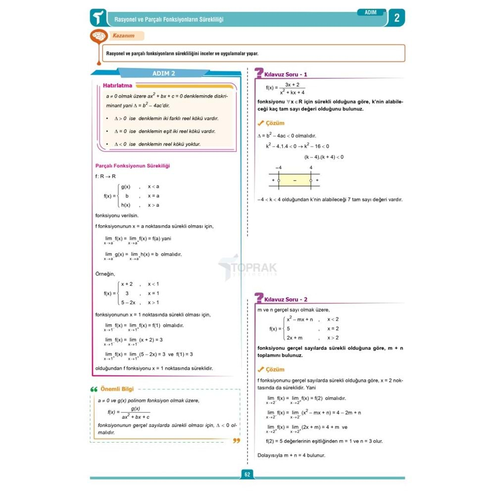 Toprak Yayınları Ayt Limit Ve Süreklilik