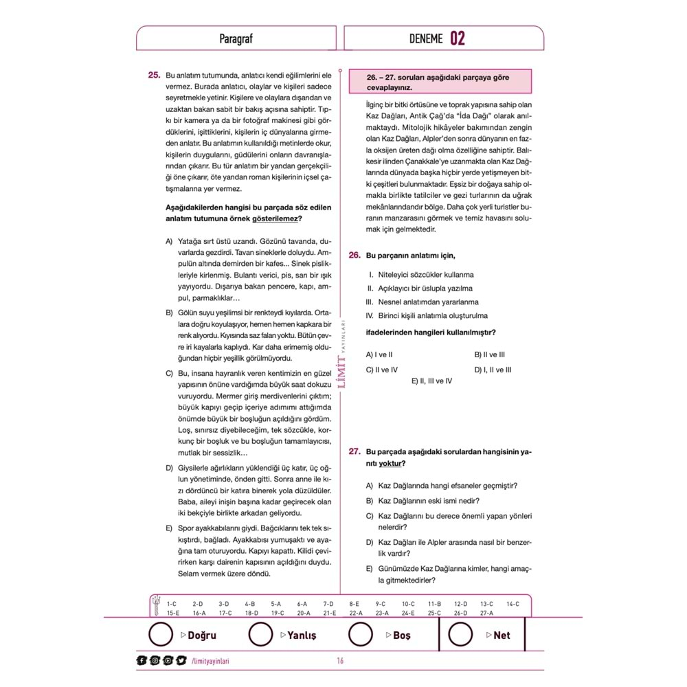 Limit Yayınları TYT Paragraf Denemeleri 25 x 25