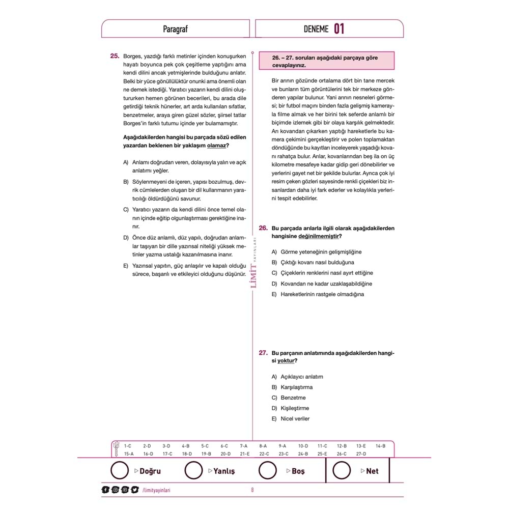 Limit Yayınları TYT Paragraf Denemeleri 25 x 25