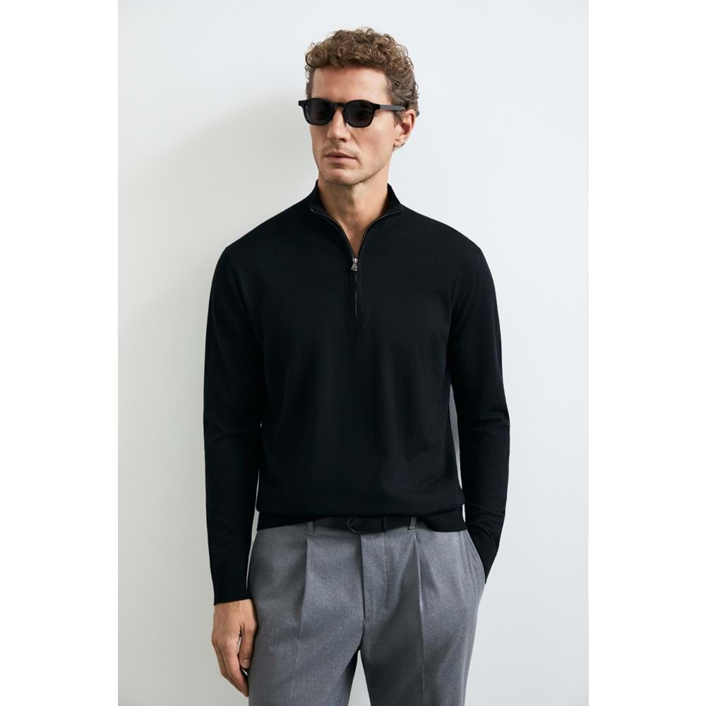 Lufian 112090201 Opulent Yün Karışımlı Fermuarlı Dik Yaka Triko Kazak Erkek Sweatshirt