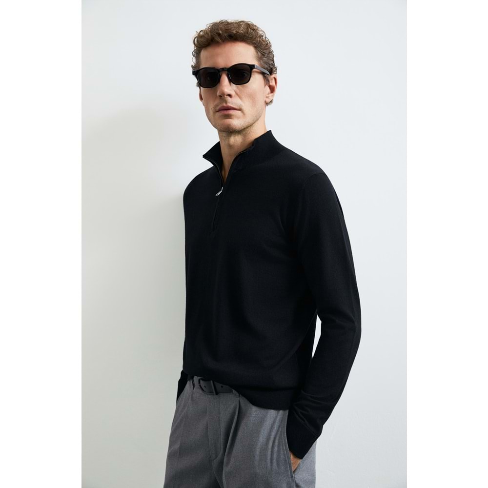 Lufian 112090201 Opulent Yün Karışımlı Fermuarlı Dik Yaka Triko Kazak Erkek Sweatshirt