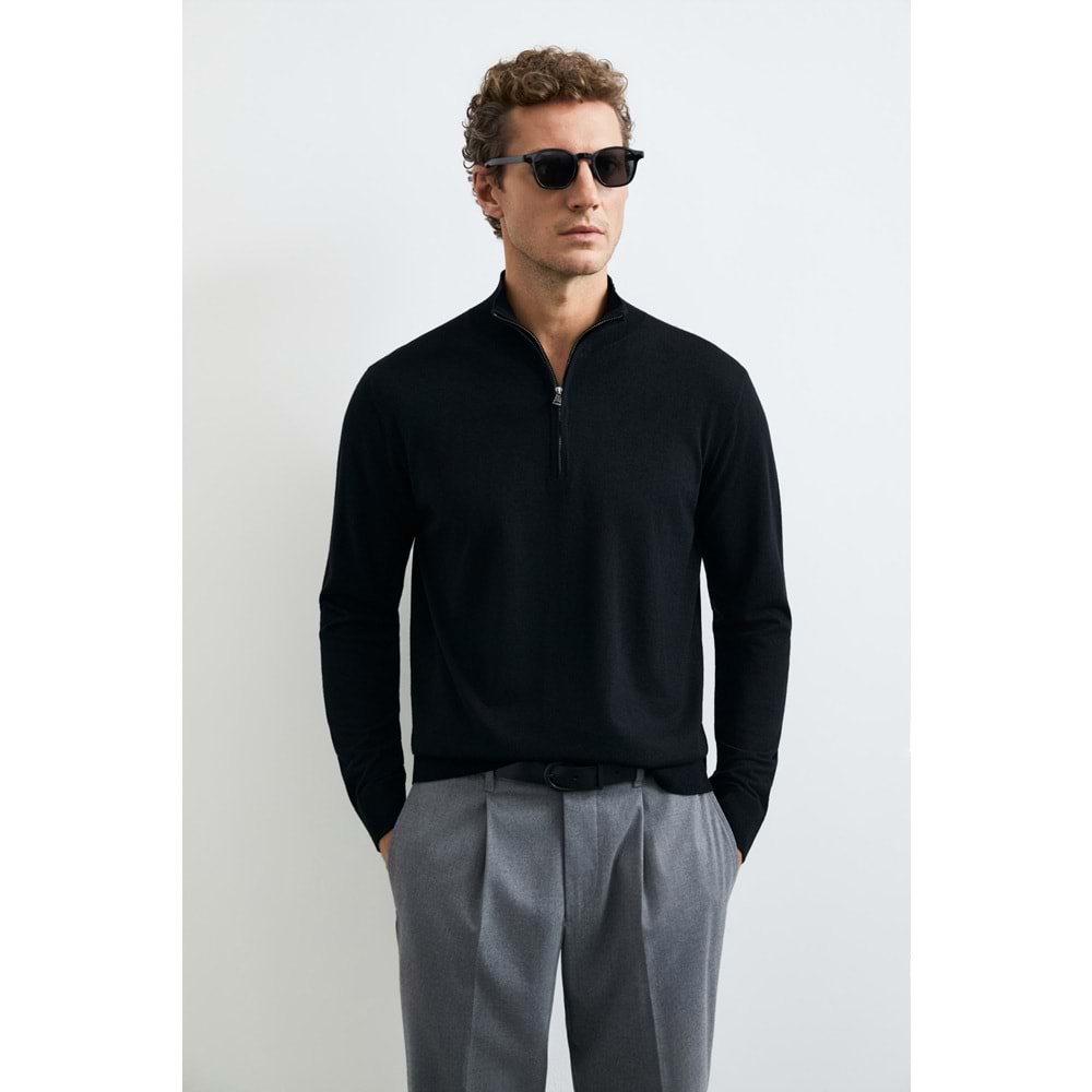 Lufian 112090201 Opulent Yün Karışımlı Fermuarlı Dik Yaka Triko Kazak Erkek Sweatshirt