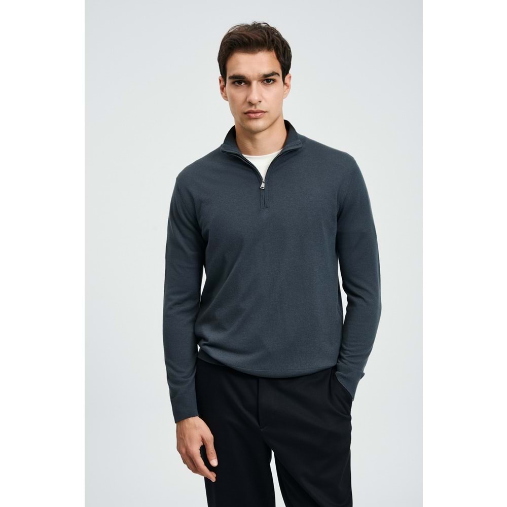 Lufian 112090201 Opulent Yün Karışımlı Fermuarlı Dik Yaka Triko Kazak Erkek Sweatshirt
