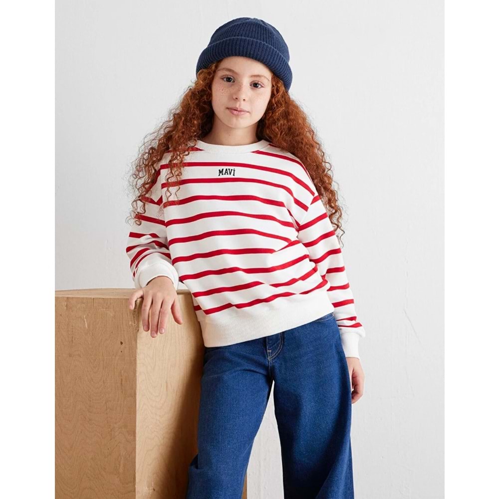 Mavi M7S10038-82054 Logo Baskılı Çizgili Kız Çocuk Sweatshirt