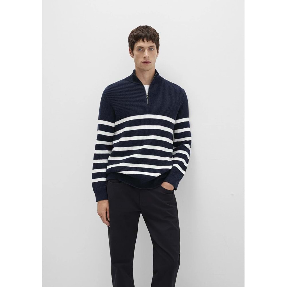 Mavi M0710131-70490 Mavi Çizgili Yarı Fermuarlı Kazak Sweatshirt Erkek Sweatshirt