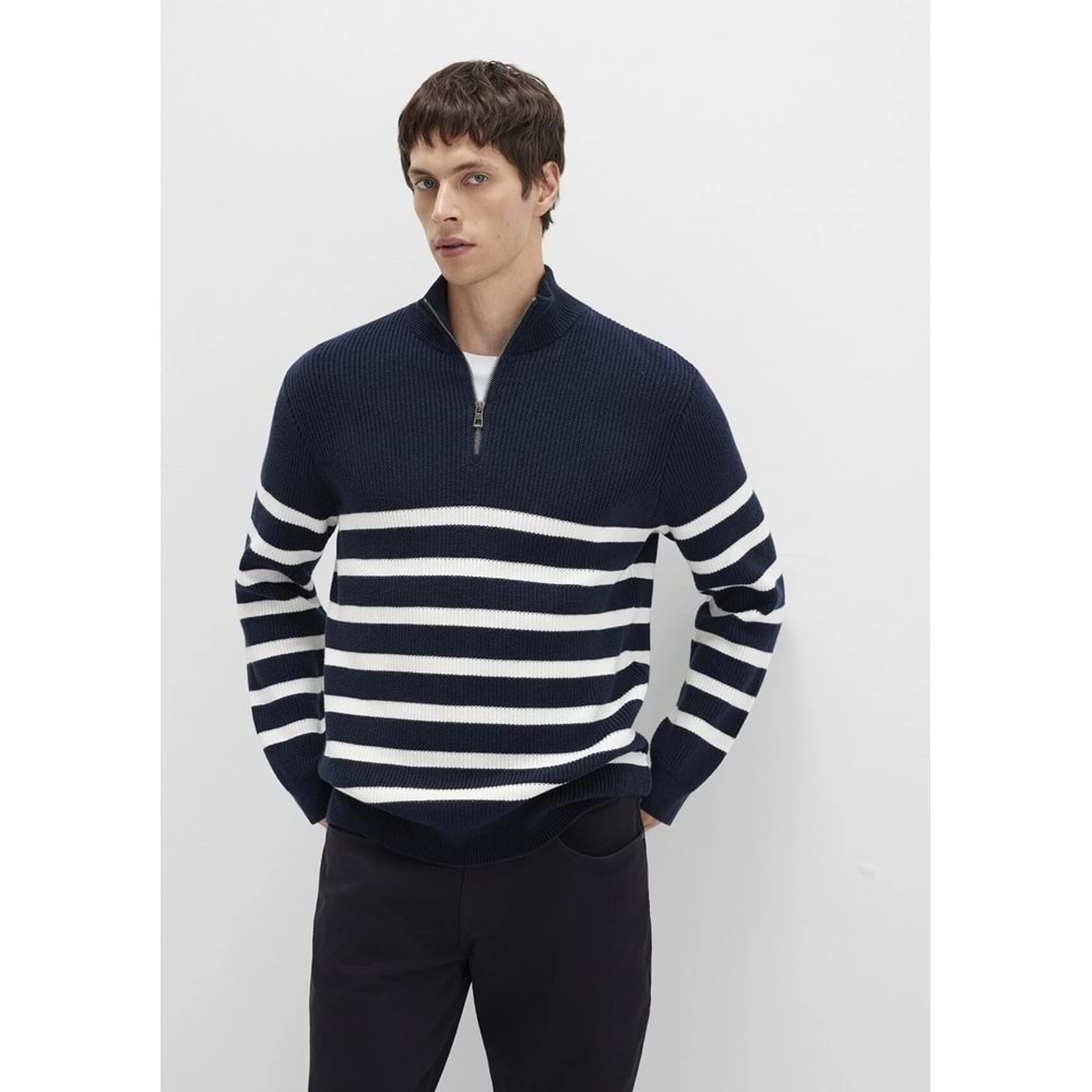 Mavi M0710131-70490 Mavi Çizgili Yarı Fermuarlı Kazak Sweatshirt Erkek Sweatshirt