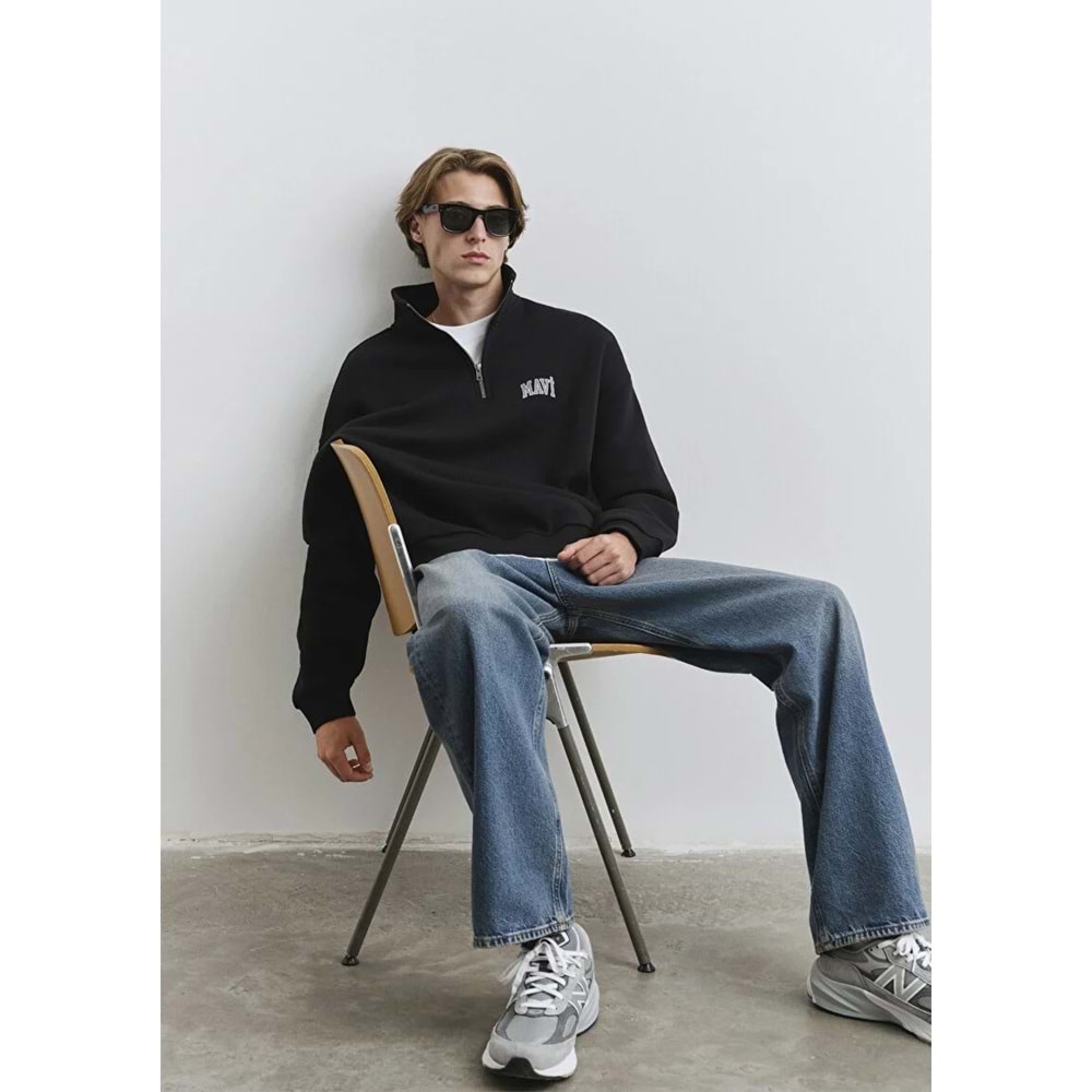 Mavi M0S10208-900 Mavi Logo Baskılı Yarı Fermuarlı Erkek Sweatshirt