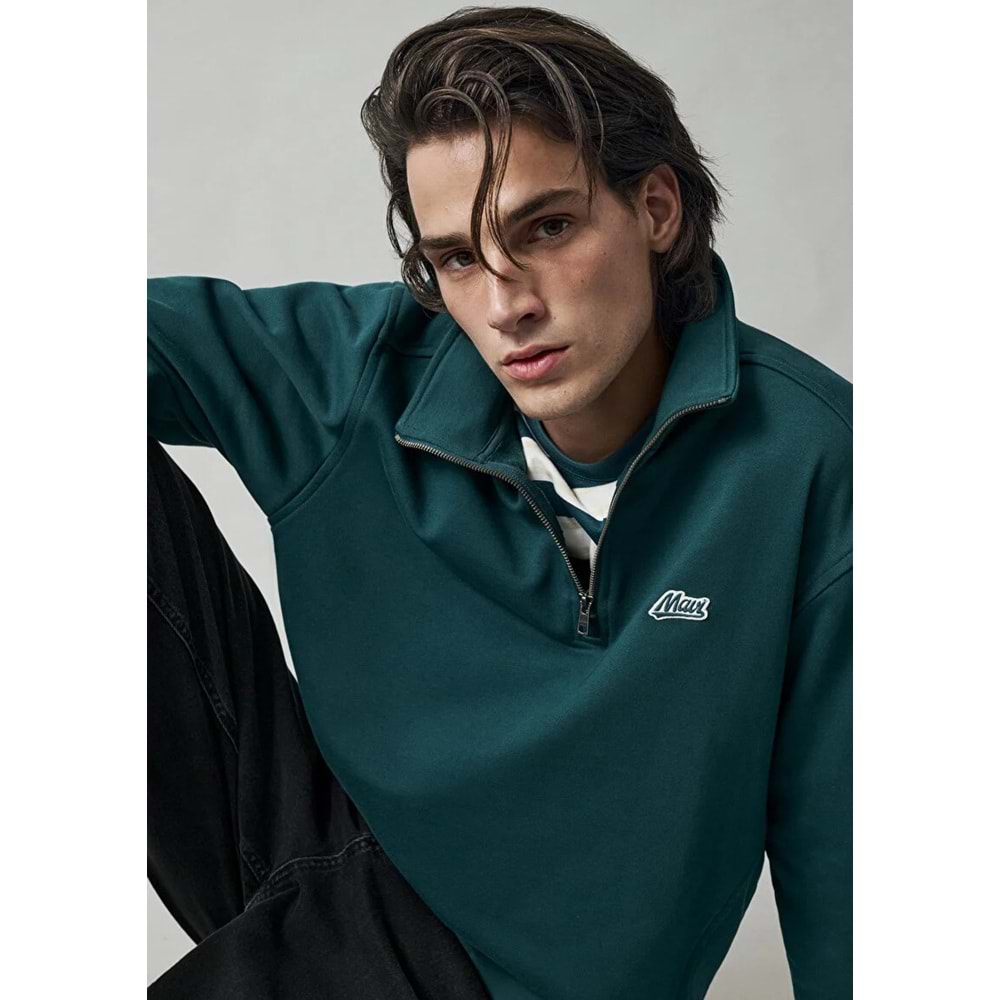 Mavi M0S10613-90366 Mavi Patch Logo Nakışlı Yarı Fermuarlı Erkek Sweatshirt