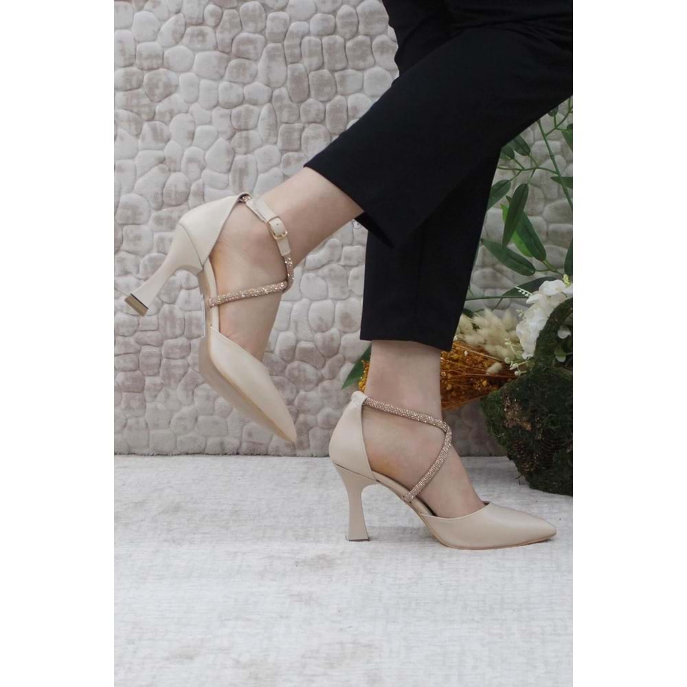 Feles 18-444 Çapraz Şerit Taşlı Abiye Kadın Topuklu Ayakkabı Stiletto