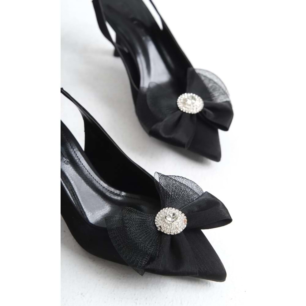 Feles Saten Fiyonk Taş Detaylı Arkası Açık Stiletto Kadın Topuklu Ayakkabı