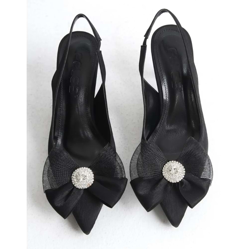 Feles Saten Fiyonk Taş Detaylı Arkası Açık Stiletto Kadın Topuklu Ayakkabı