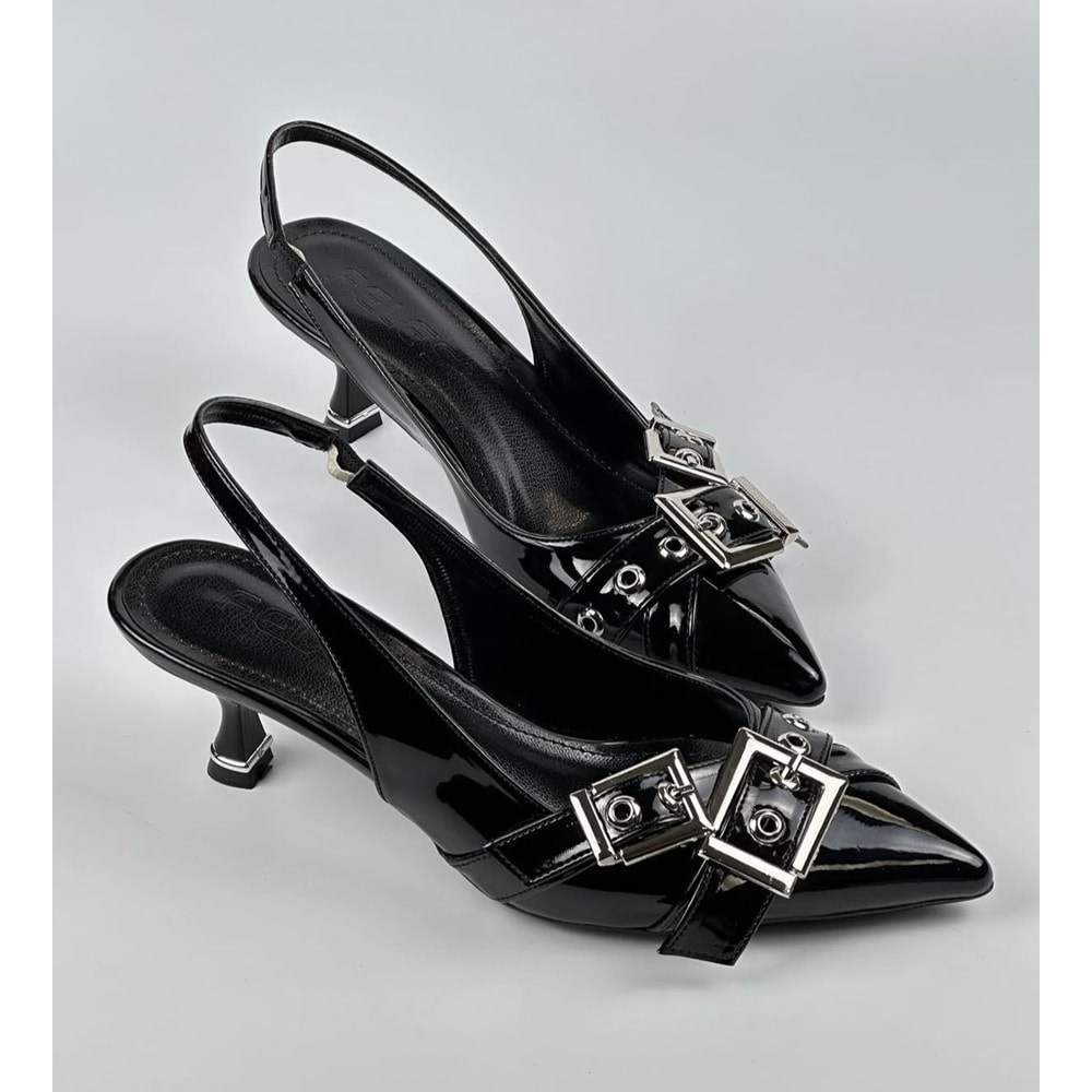 Feles Şeker Topuklu Çift Toka Detaylı Arkası Açık Stiletto Kadın Kısa Topuklu Ayakkabı
