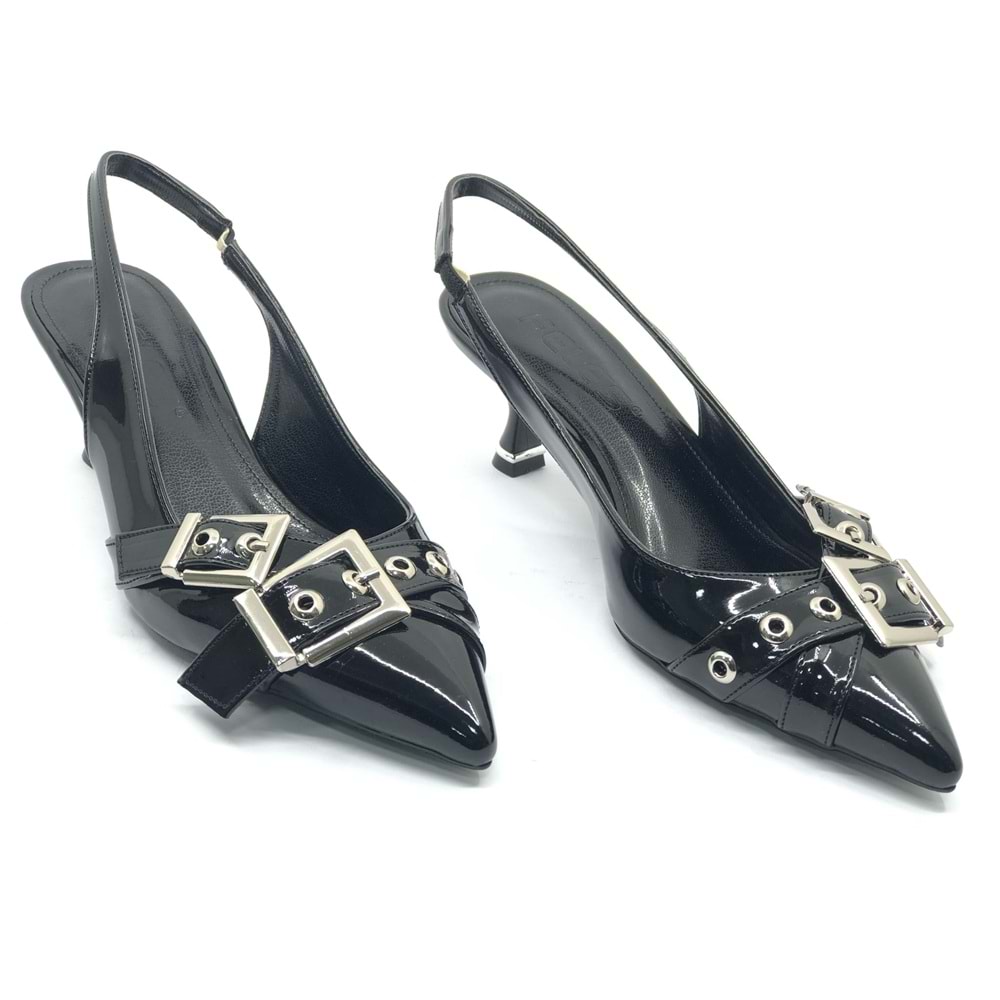 Feles Şeker Topuklu Çift Toka Detaylı Arkası Açık Stiletto Kadın Kısa Topuklu Ayakkabı