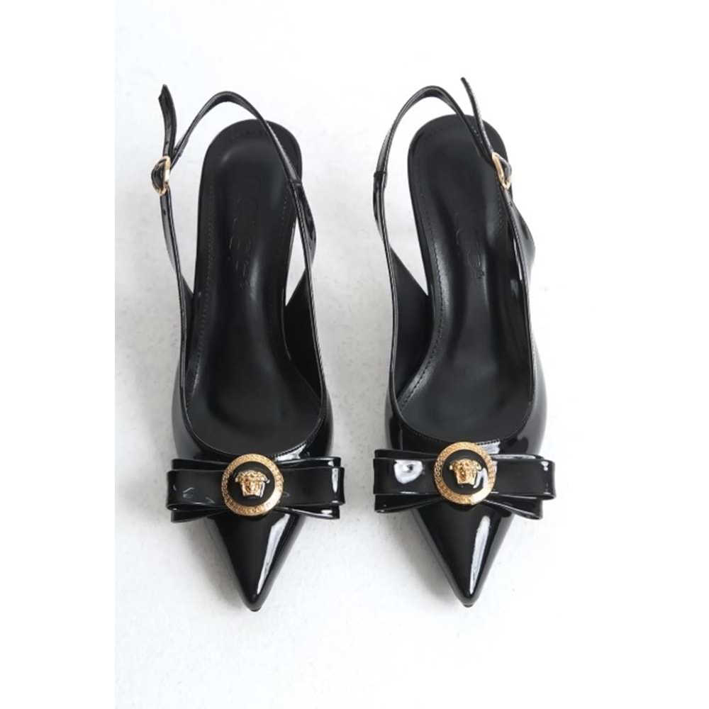 Feles Fiyonk Sarı Toka Detaylı Arkası Açık Stiletto Kadın Topuklu Ayakkabı