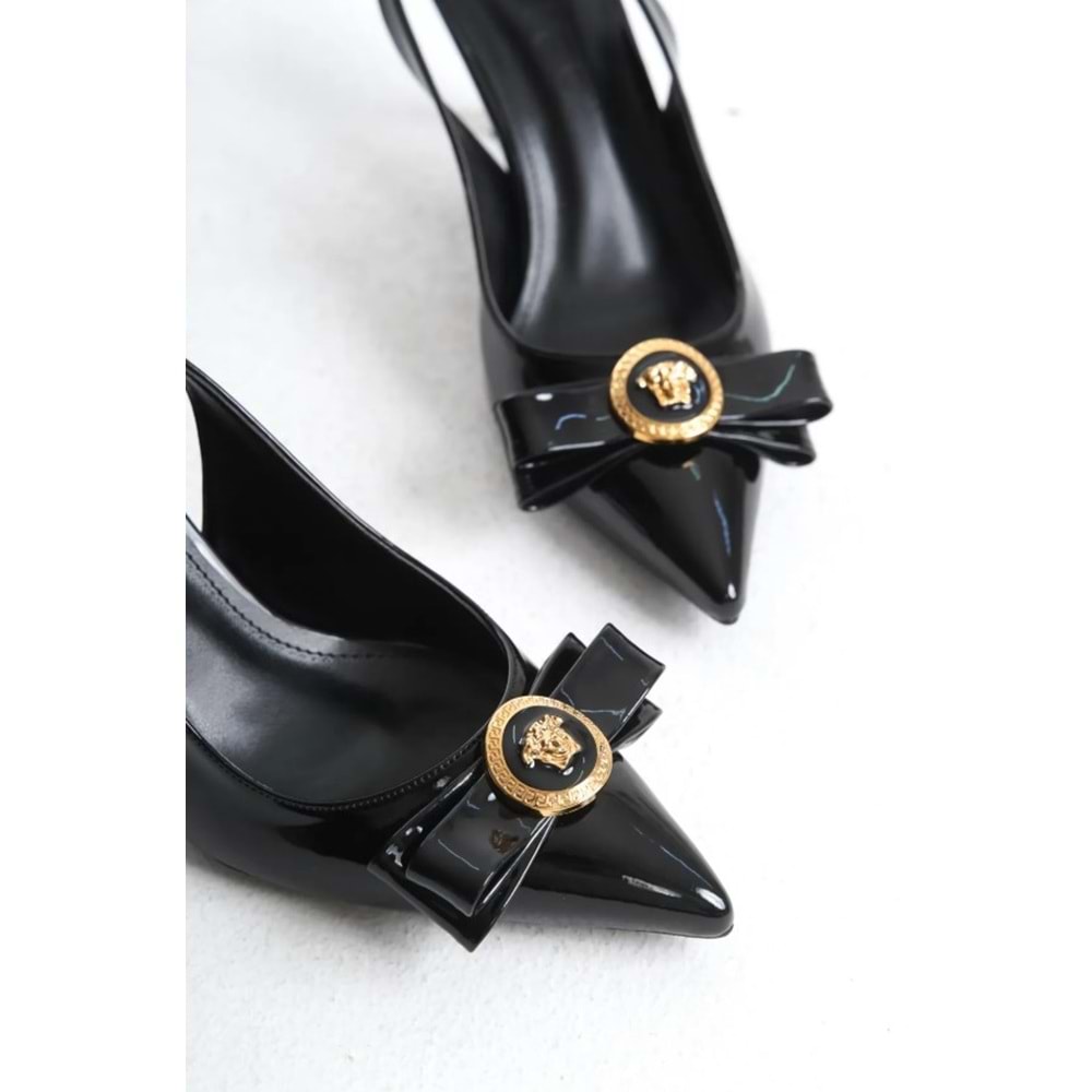 Feles Fiyonk Sarı Toka Detaylı Arkası Açık Stiletto Kadın Topuklu Ayakkabı