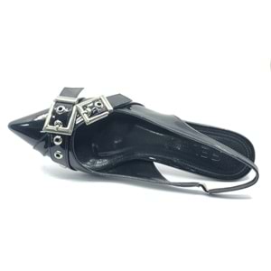 Feles Şeker Topuklu Çift Toka Detaylı Arkası Açık Stiletto Kadın Kısa Topuklu Ayakkabı