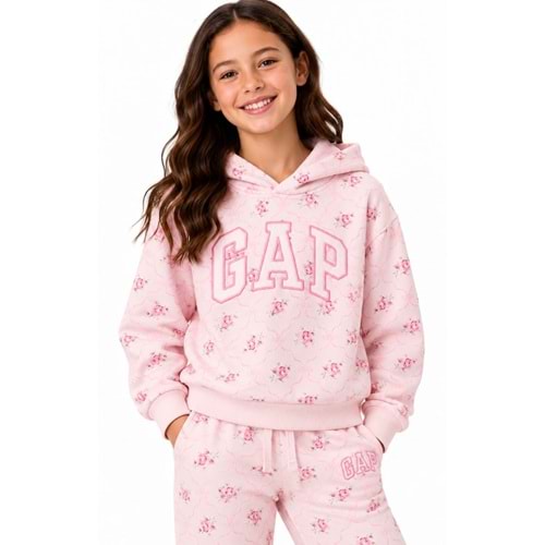 Gap V-Bas Heritage Gap Logo Çiçek Baskılı Kapüşonlu Çocuk Sweatshirt
