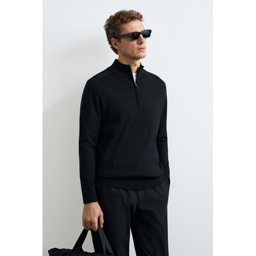 Lufian 112090189 Asher Fermuarlı Dik Yaka Triko Kazak Yarım Fermuarlı Erkek Sweatshirt