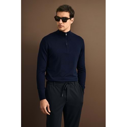 Lufian 112090201 Opulent Yün Karışımlı Fermuarlı Dik Yaka Triko Kazak Erkek Sweatshirt