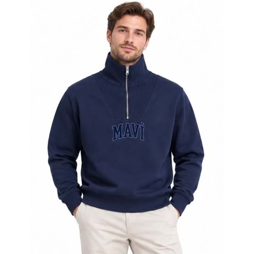 Mavi M0S20212-84371 Mavi Logo Baskılı Yarım Fermuarlı Erkek Sweatshirt
