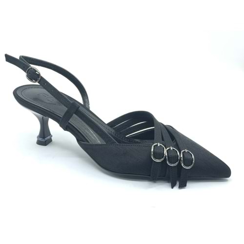 Feles Şeker Topuklu Üç Toka Detaylı Arkası Açık Stiletto Kadın Kısa Topuklu Ayakkabı