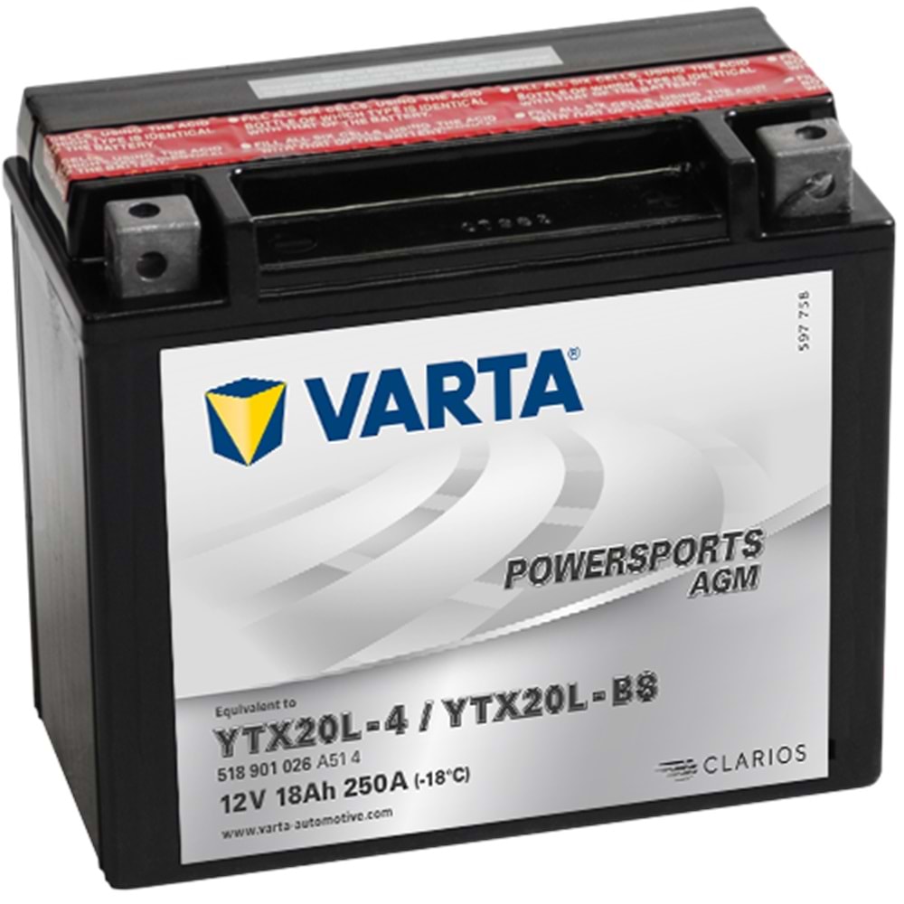 VARTA TX20L-4 / YTX20L-BS 12V 18Ah AGM Motosiklet Aküsü | Yüksek Performanslı Bakım Gerektirmeyen Akü