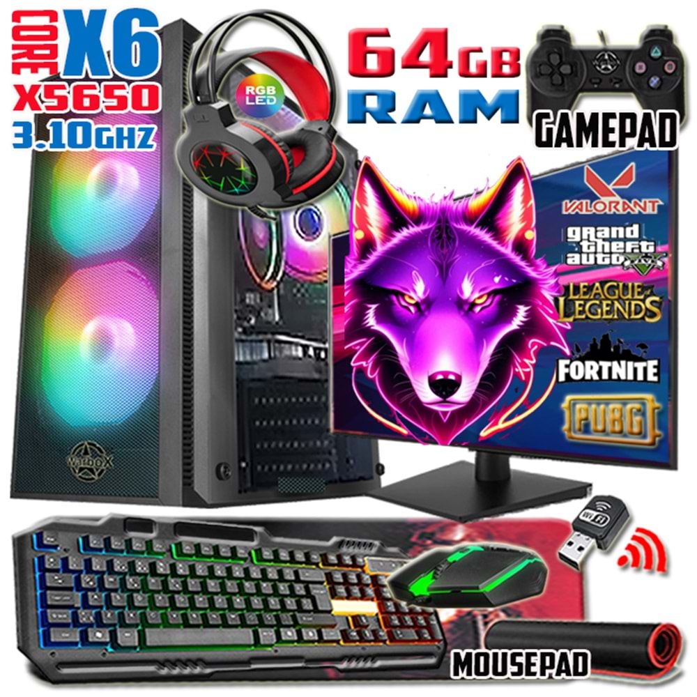 WarboX Wolf Xeon X5650 64gb Ram 256gb Ssd 250gb Hdd R7 240-4gb E.kartı 20