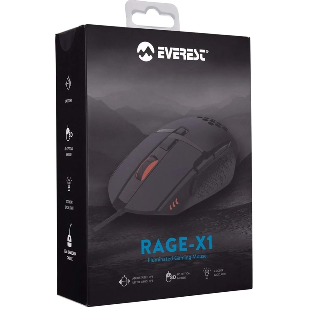 Everest RAGE-X1 Usb Siyah 8 Tuşlu Led Işıklı 6400dpi Gaming Oyuncu Mouse