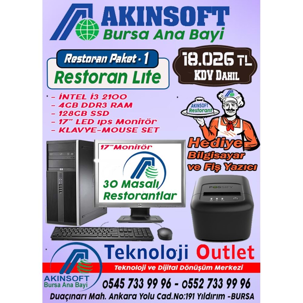 Akınsoft Anabayi TeknolojiOutlet Paket 1 Restoran lite + Hediye Takım Pc