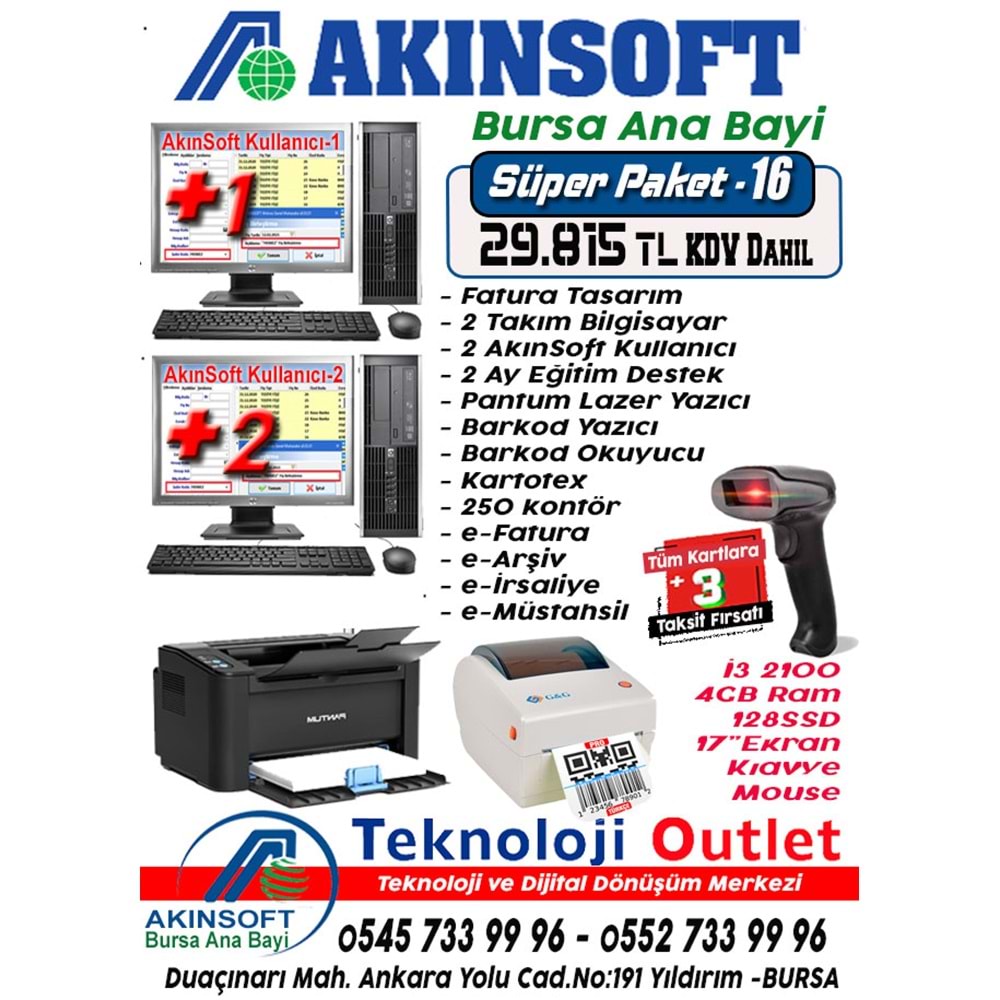 Akınsoft Anabayi TeknolojiOutlet Paket 16 Super + 2 Hediye Takım Pc Yazıcı-Barkod Yazıcı-Barkod Okuyucu