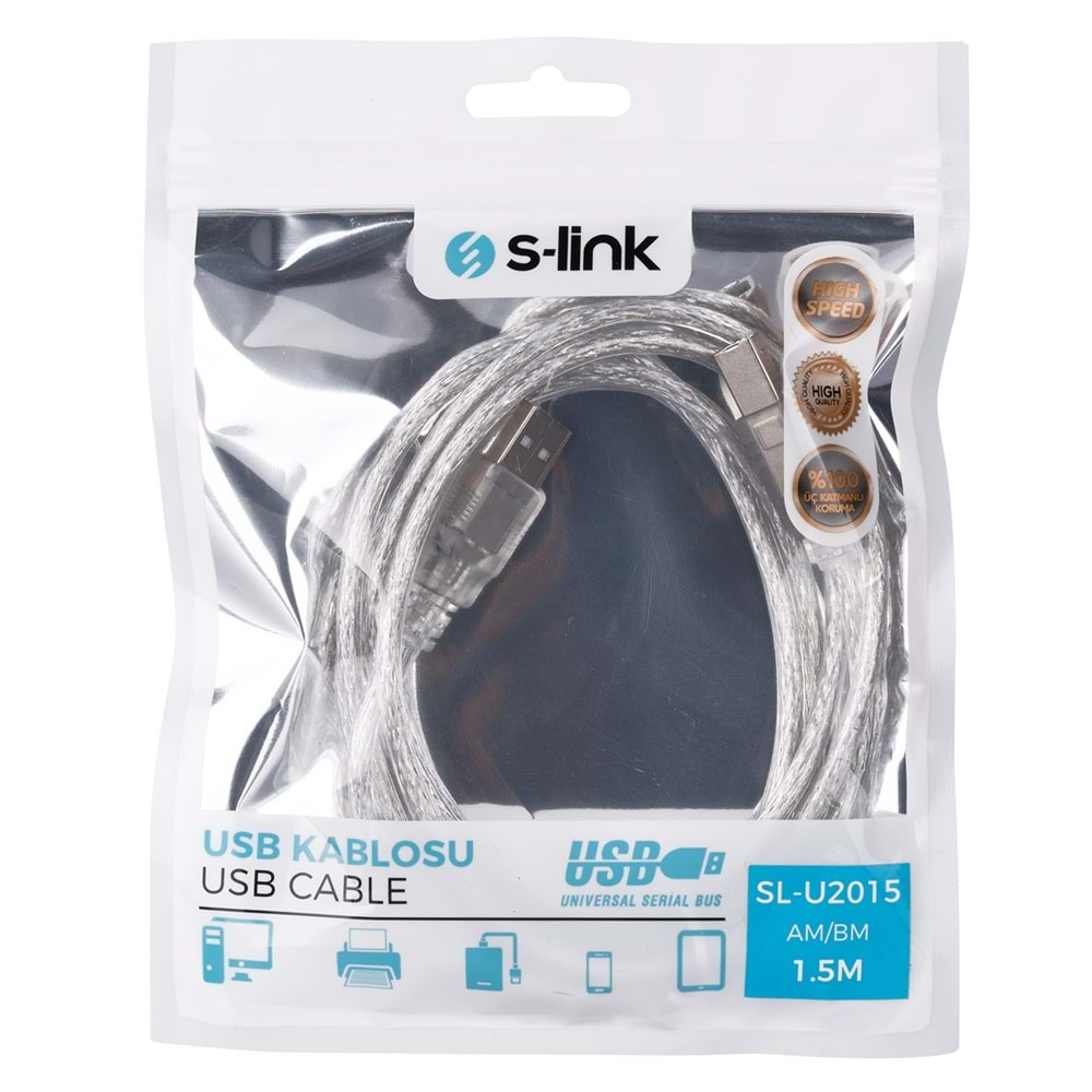 S-Link SL-U2015 USB 2.0 1.5M Şeffaf Yazıcı Kablosu