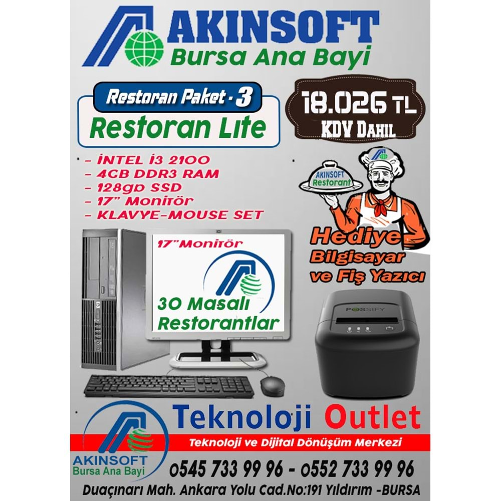 Akınsoft Anabayi TeknolojiOutlet Paket 3 Restoran lite + Hediye Takım Pc