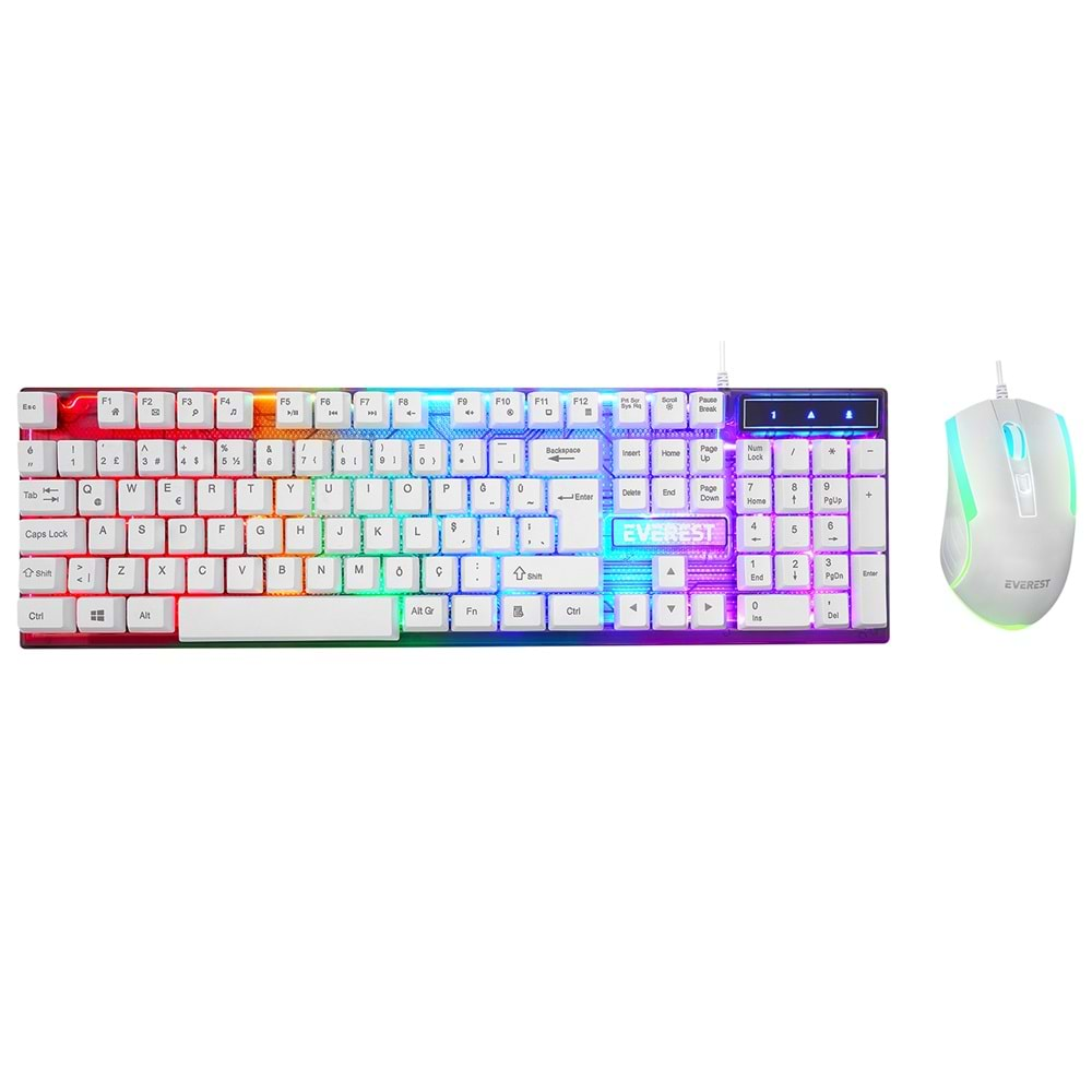 Everest KM-198 Luminax Beyaz Gökkuşağı Aydınlatmalı Q Gaming Oyuncu Klavye + Mouse Set