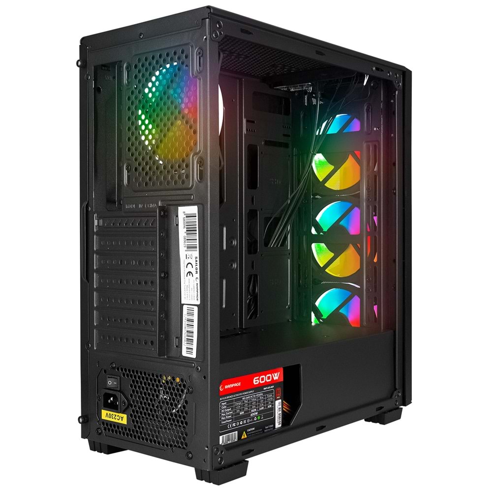 Rampage SAILOR Temperli Camlı 600W 80+ BRONZE Siyah 4*12cm Rainbow Fanlı ATX Mid-T Gaming Oyuncu Kasası