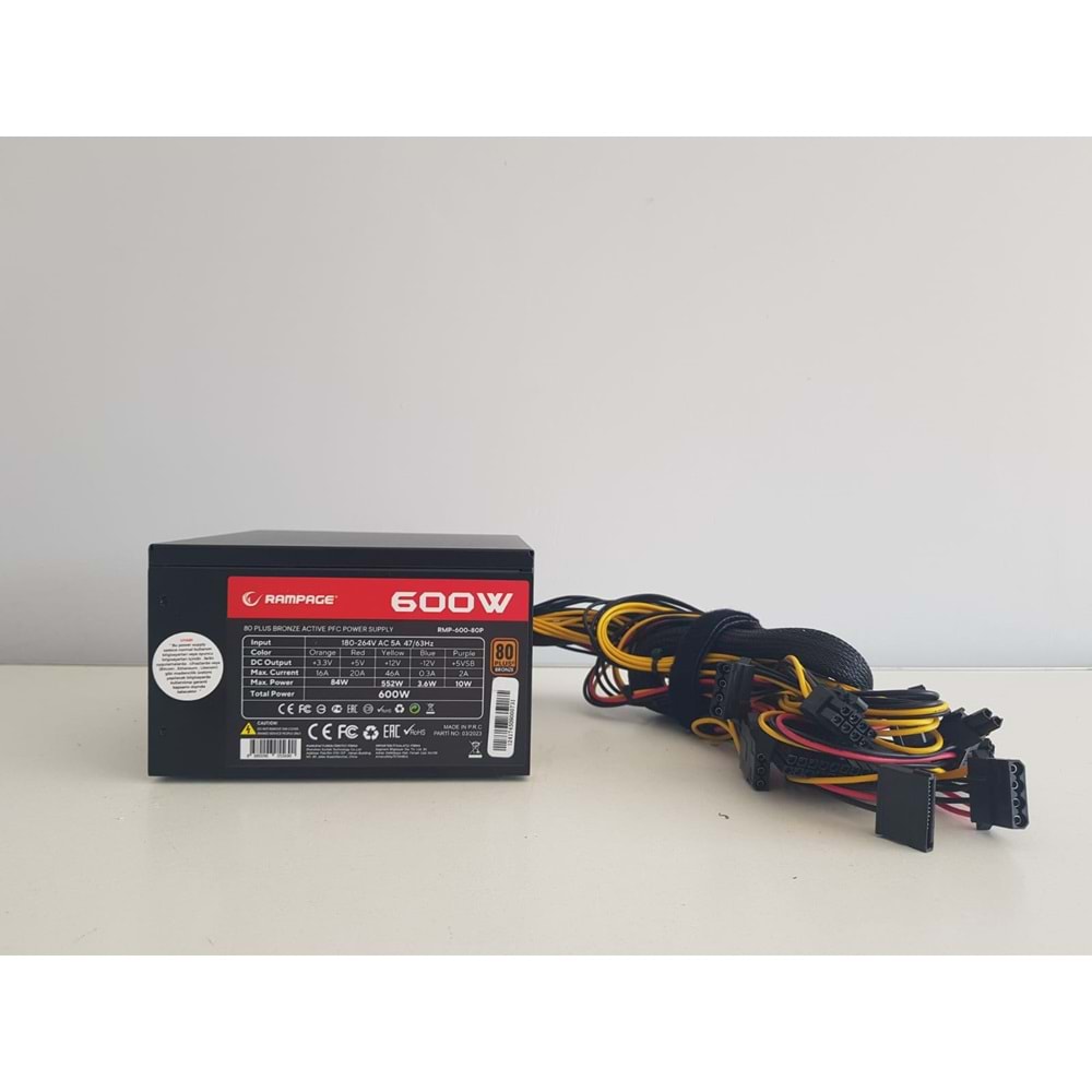 Rampage RMP-600-80P 600W V1 12cm Fan Siyah 80 Plus ( 80+ ) Bronze Sertifikalı Power Supply