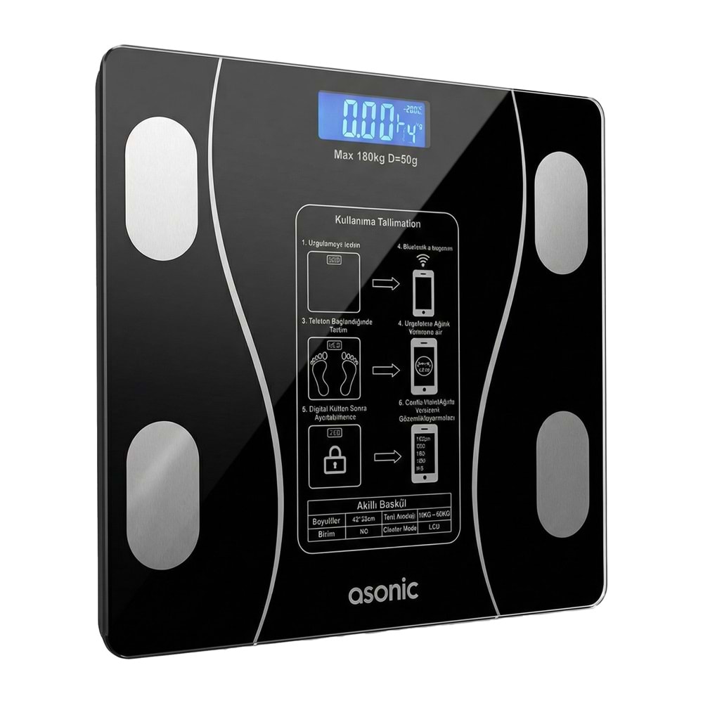 Asonic BS260 Siyah 260x260mm Boyutunda 2*AAA Pil Hediyeli Dijital Bluetooth Baskül