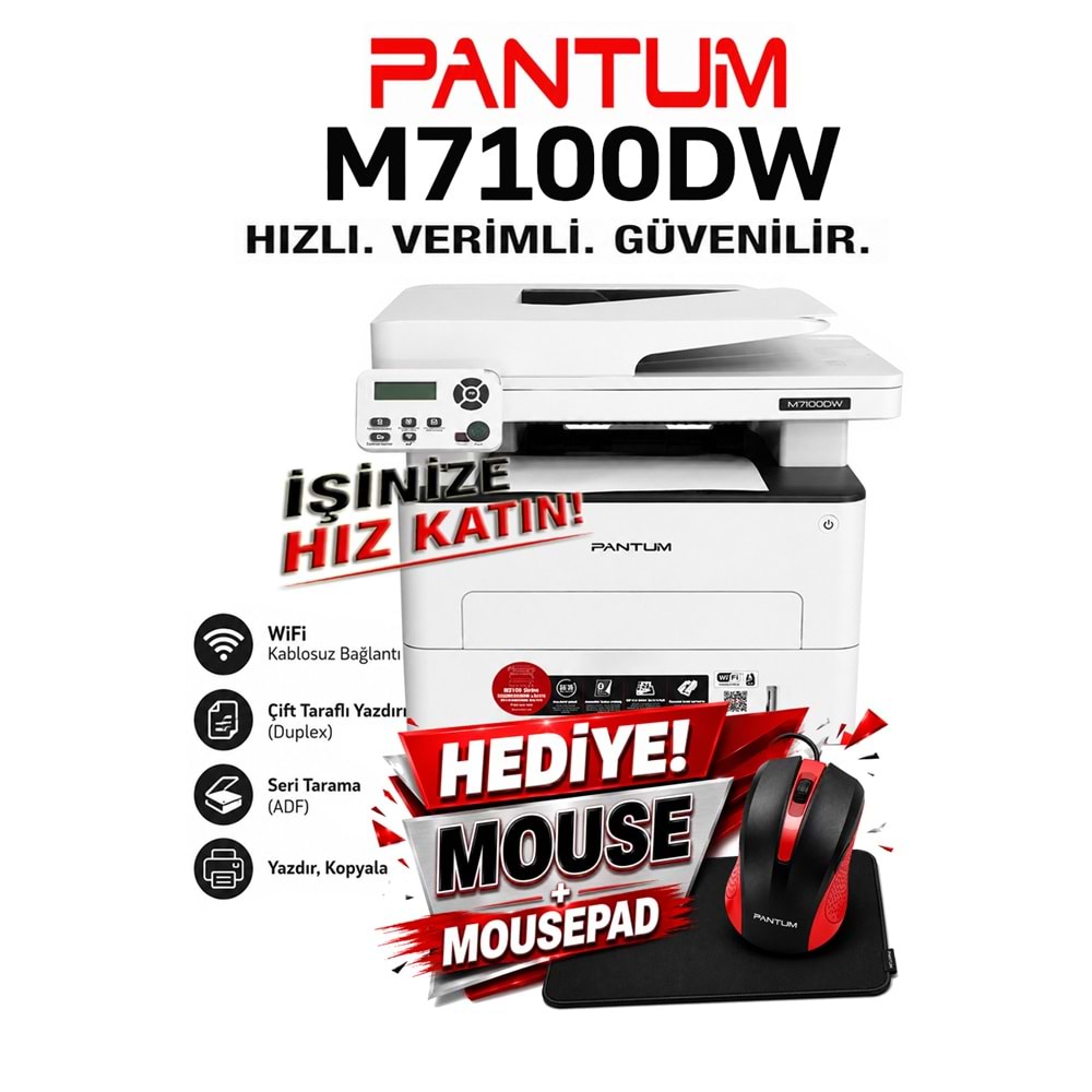 Pantum M7100DW Çok Fonksiyonlu Dublex+Network Wifi +Fotokopi+ADF Tarayıcı+Lazer Yazıcı (Dakikada 35 Sayfa)