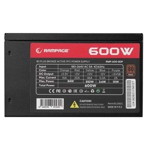 Rampage 600W 80Plus Bronze 12cm Fan Aktif PFC Power Supply