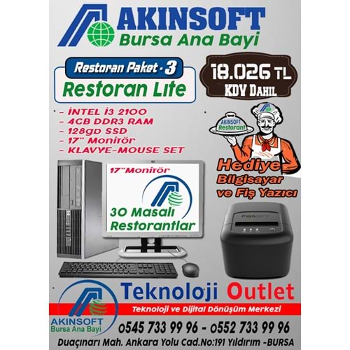Akınsoft Anabayi TeknolojiOutlet Paket 3 Restoran lite + Hediye Takım Pc