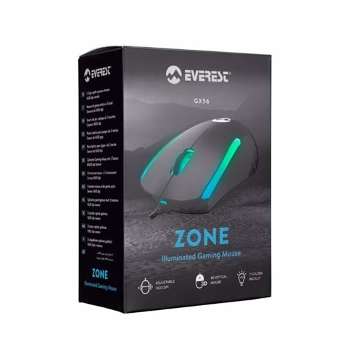 Everest GX56 ZONE Usb Siyah 3D Optik Led Gaming Oyuncu Mouse